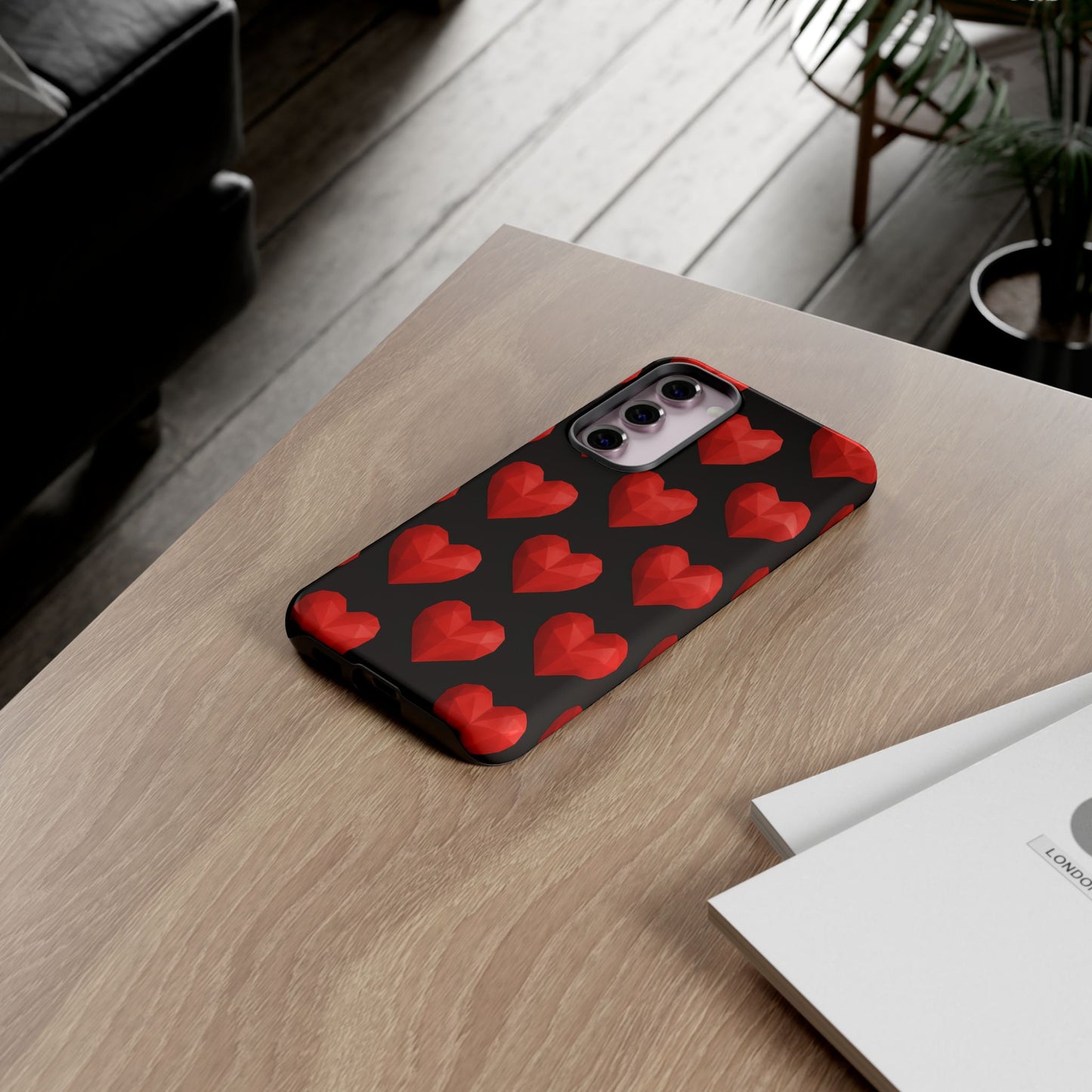 Red Heart Phone Case – Geometric Heart Pattern Tough Case (Black)