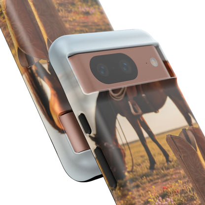 Western Cowboy Boots Phone Case – Rustic Horse Sunset Tough Case (iPhone, Samsung, Pixel)
