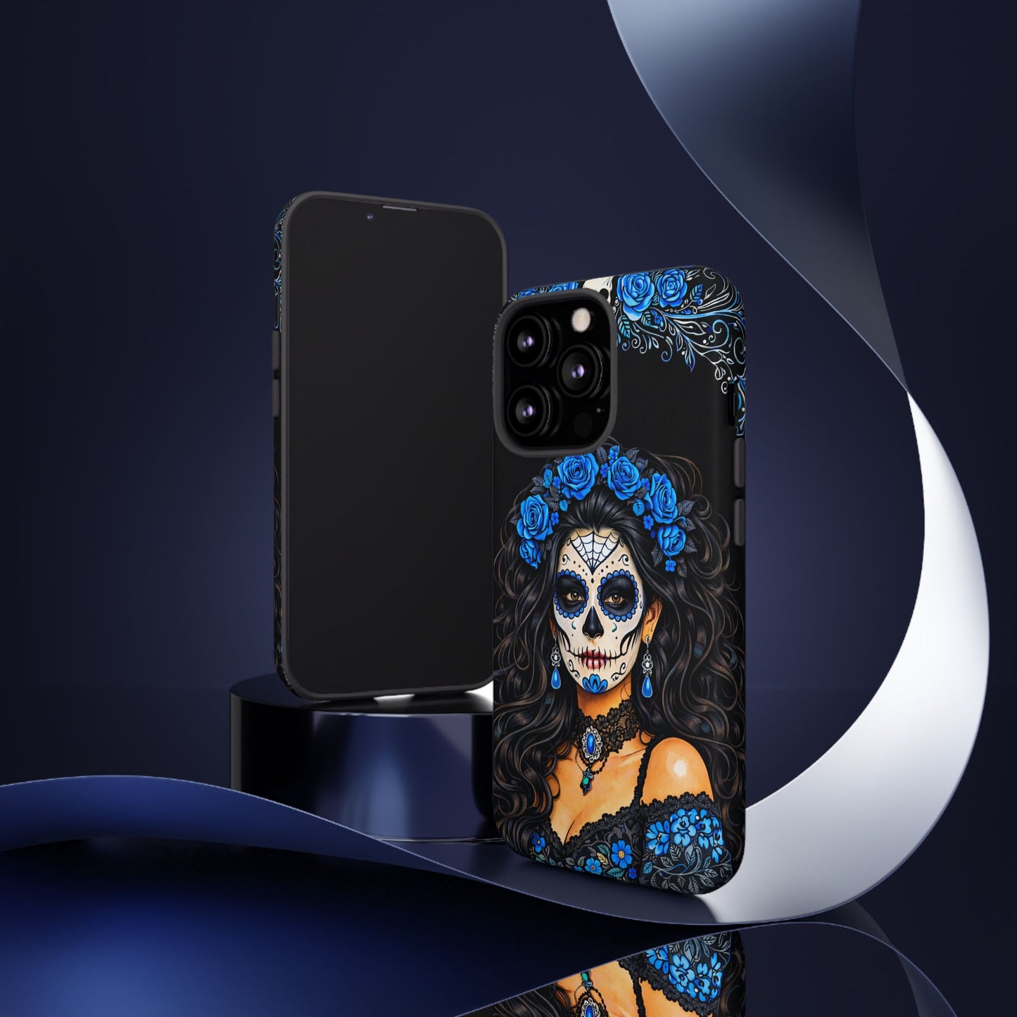 Blue Sugar Skull Woman Phone Case – Day of the Dead Aesthetic Tough Cover