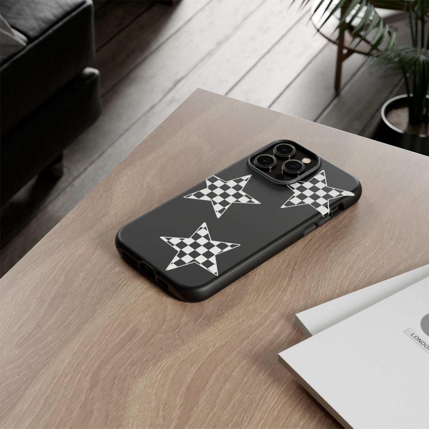 Checkered Star Tough Phone Case – Black Retro Graphic Protective Cover for Iphone, Samsung Galaxy and Pixel