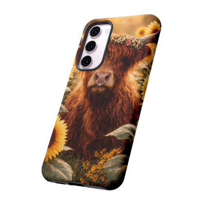 Highland Cow Sunflower Phone Case | Floral Farmhouse iPhone, Samsung Galaxy and Pixel Cover