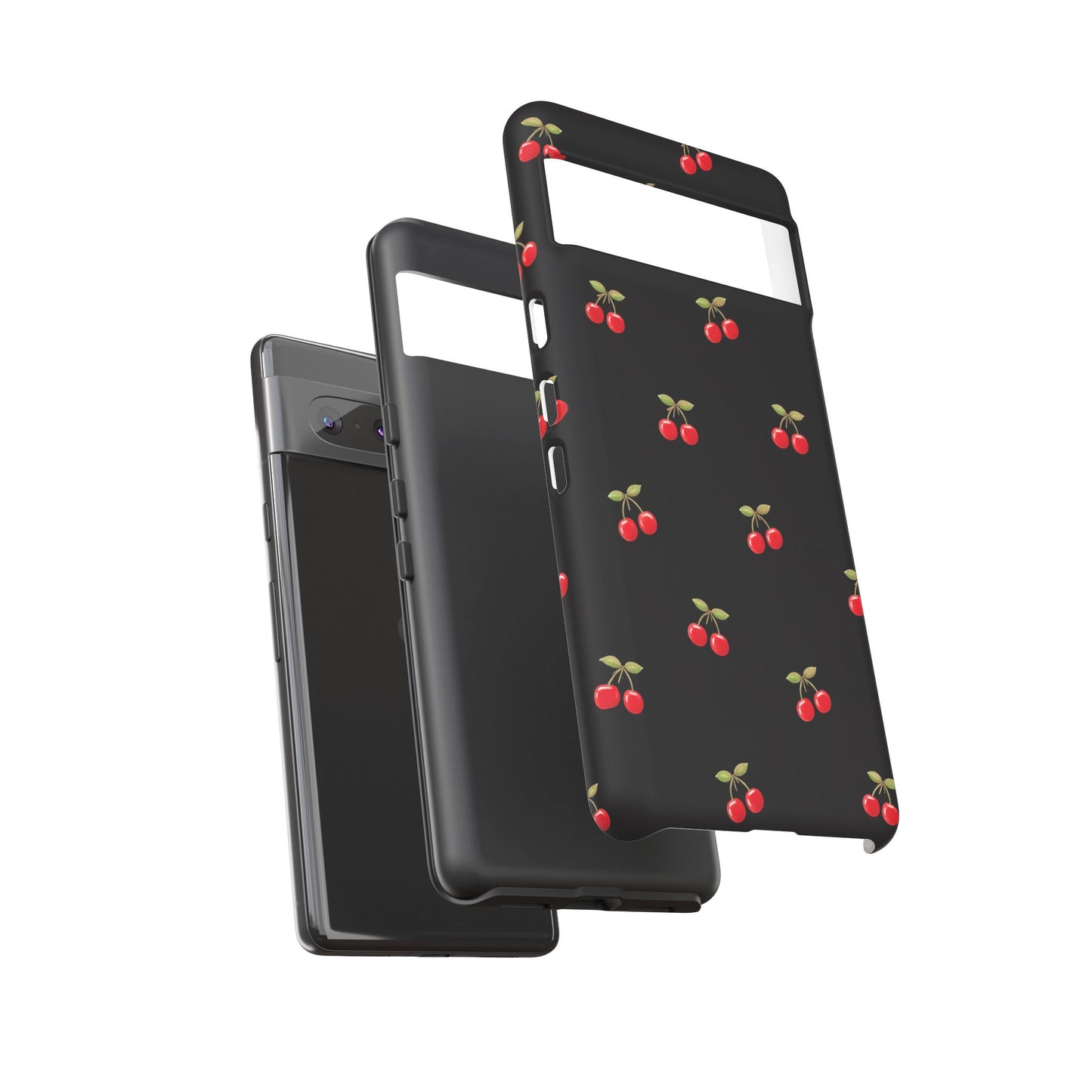 Cherry Pattern Phone Case — Slim Black Protective iPhone Case with Red Cherries for Iphone, Samsung Galaxy and Pixel