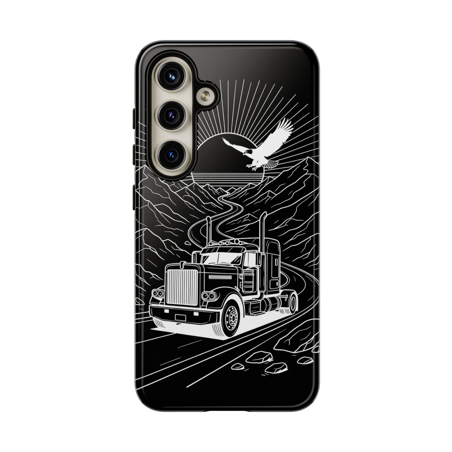Trucker Highway Phone Case | Eagle & Mountain Line Art | Black Western Tough Case