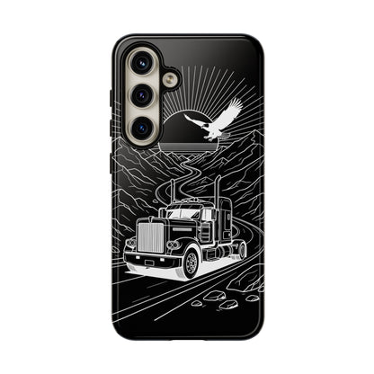 Trucker Highway Phone Case | Eagle & Mountain Line Art | Black Western Tough Case