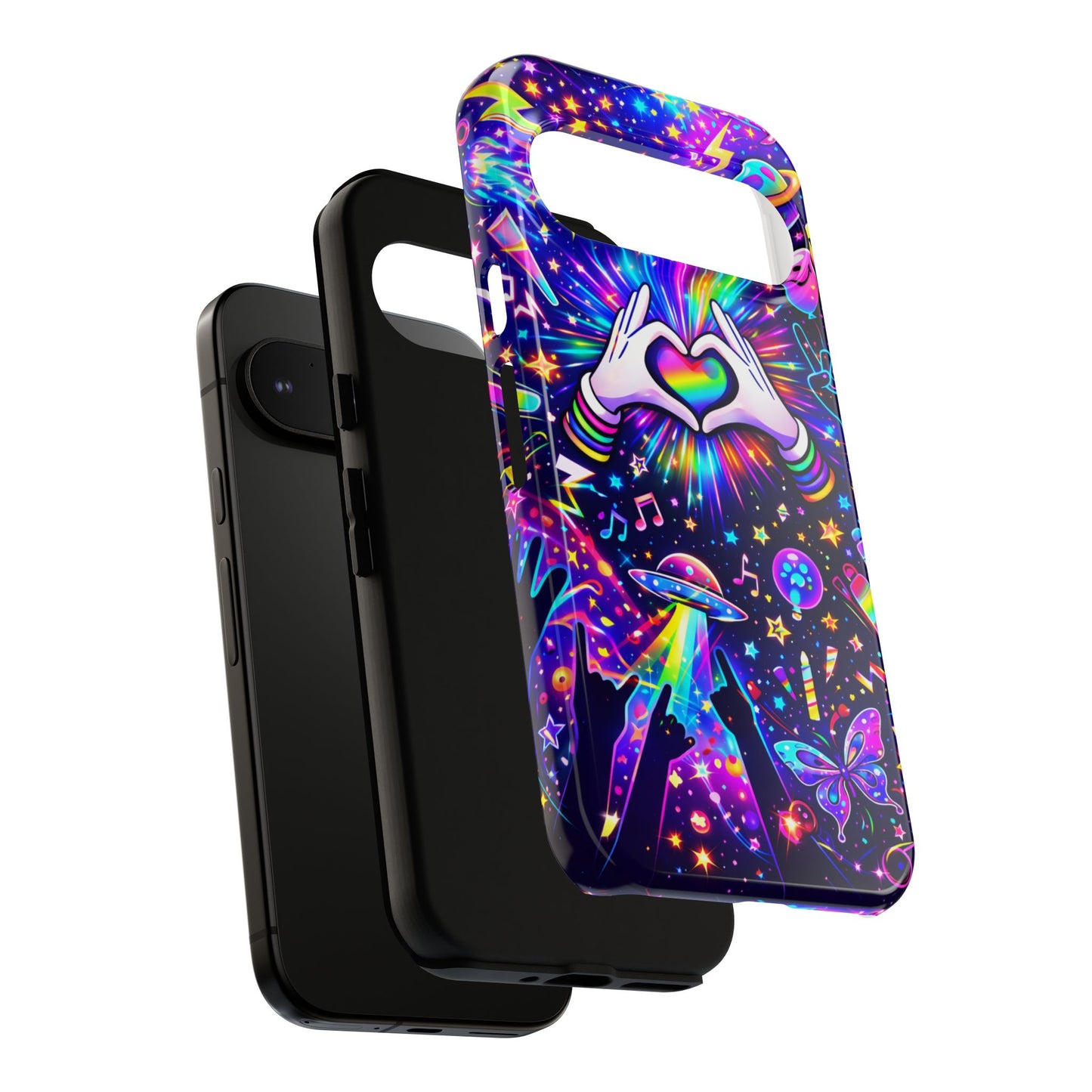 Rainbow Heart Hands Phone Case – Neon Galaxy EDM Festival Tough Cover