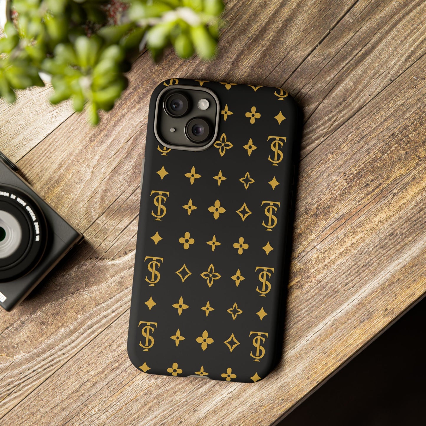 Gold Monogram Pattern Tough Phone Case | Black & Gold Luxury Design for Iphone, Samsung Galaxy and Pixel