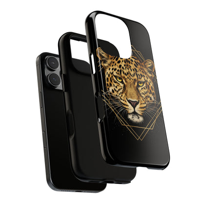 Leopard Head Geometric Phone Case – Black & Gold Luxe Tough Case