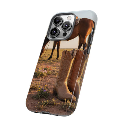 Western Cowboy Boots Phone Case – Rustic Horse Sunset Tough Case (iPhone, Samsung, Pixel)