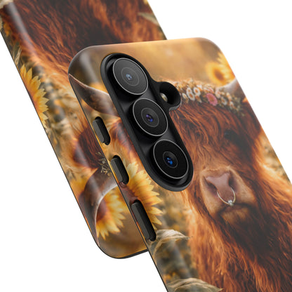Highland Cow Sunflower Phone Case | Floral Farmhouse iPhone, Samsung Galaxy and Pixel Cover