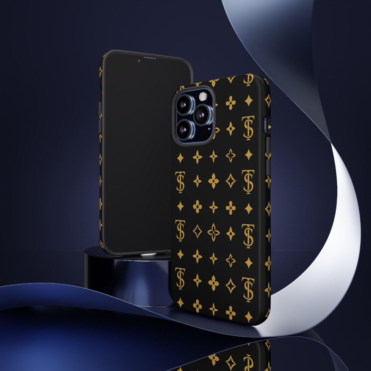 Gold Monogram Pattern Tough Phone Case | Black & Gold Luxury Design for Iphone, Samsung Galaxy and Pixel