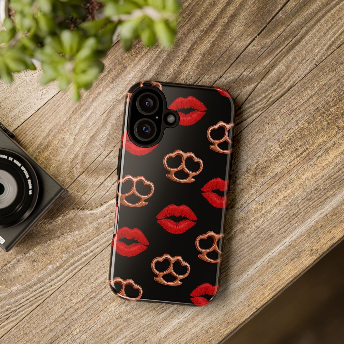 Red Lipstick & Knuckle Duster Phone Case | Bold Kiss Print Tough Protective Cover for Iphone, Samsung Galaxy and Pixel