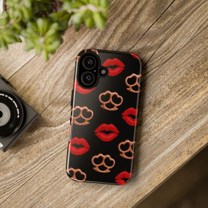 Red Lipstick & Knuckle Duster Phone Case | Bold Kiss Print Tough Protective Cover for Iphone, Samsung Galaxy and Pixel