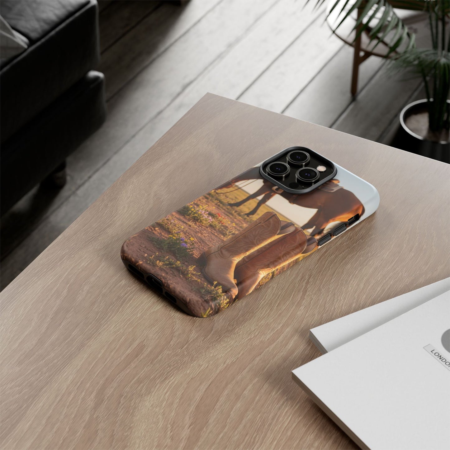 Western Cowboy Boots Phone Case – Rustic Horse Sunset Tough Case (iPhone, Samsung, Pixel)