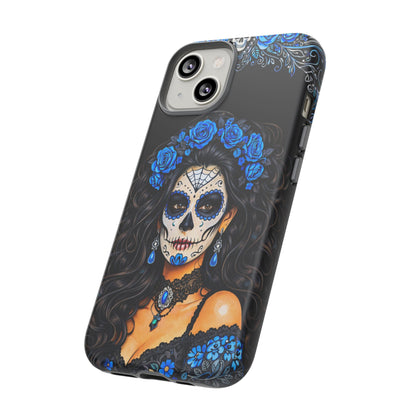 Blue Sugar Skull Woman Phone Case – Day of the Dead Aesthetic Tough Cover