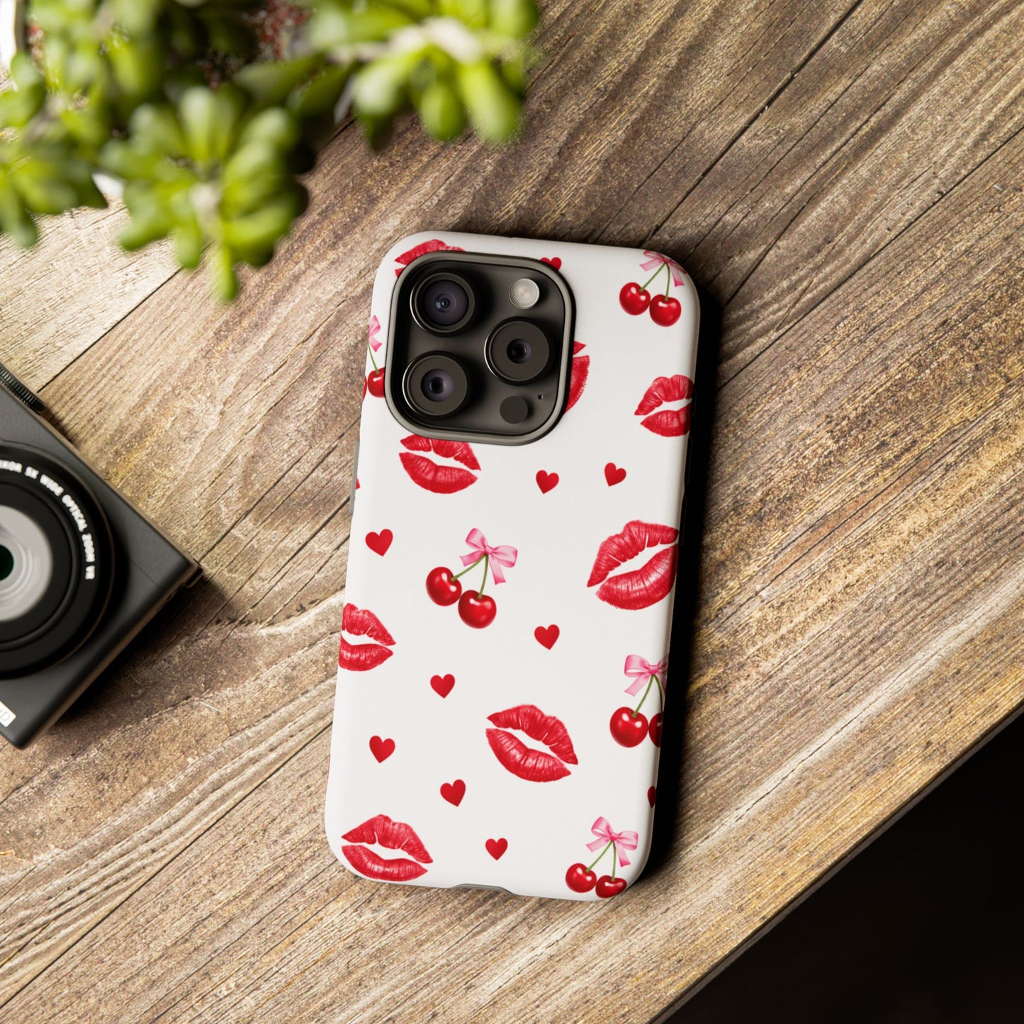 Red Lips & Cherry Phone Case – Y2K Retro Aesthetic Tough Cover