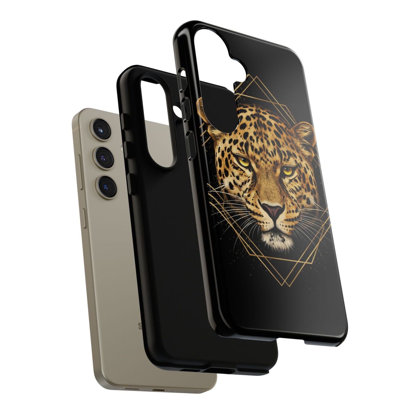 Leopard Head Geometric Phone Case – Black & Gold Luxe Tough Case