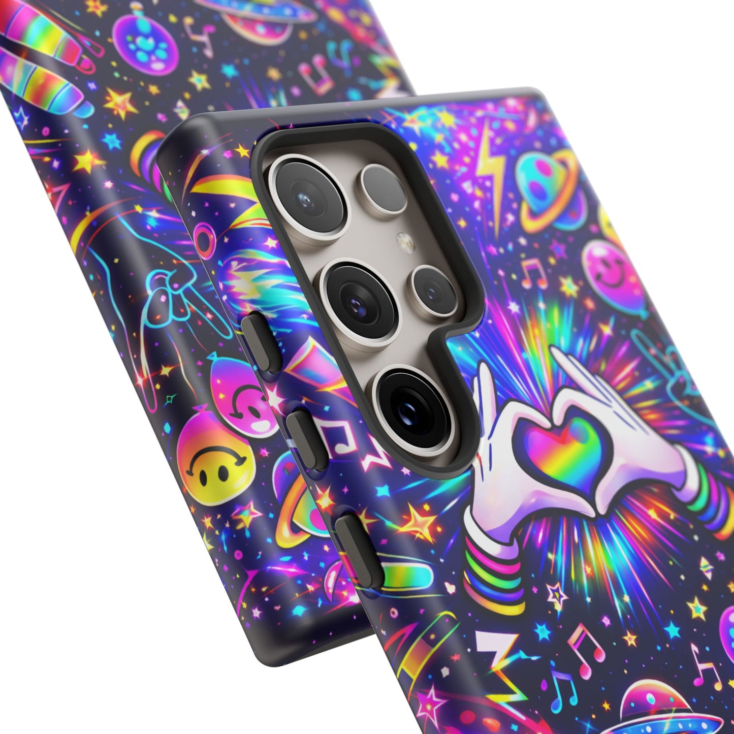 Rainbow Heart Hands Phone Case – Neon Galaxy EDM Festival Tough Cover