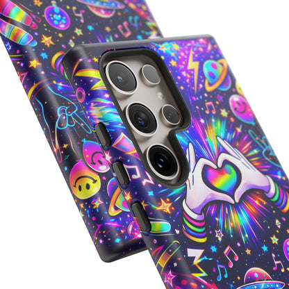 Rainbow Heart Hands Phone Case – Neon Galaxy EDM Festival Tough Cover