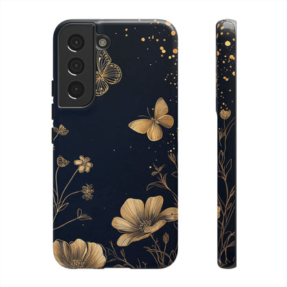 Gold Floral Butterfly Phone Case, Dark Aesthetic Botanical, Elegant Black Luxury iPhone Samsung Cover
