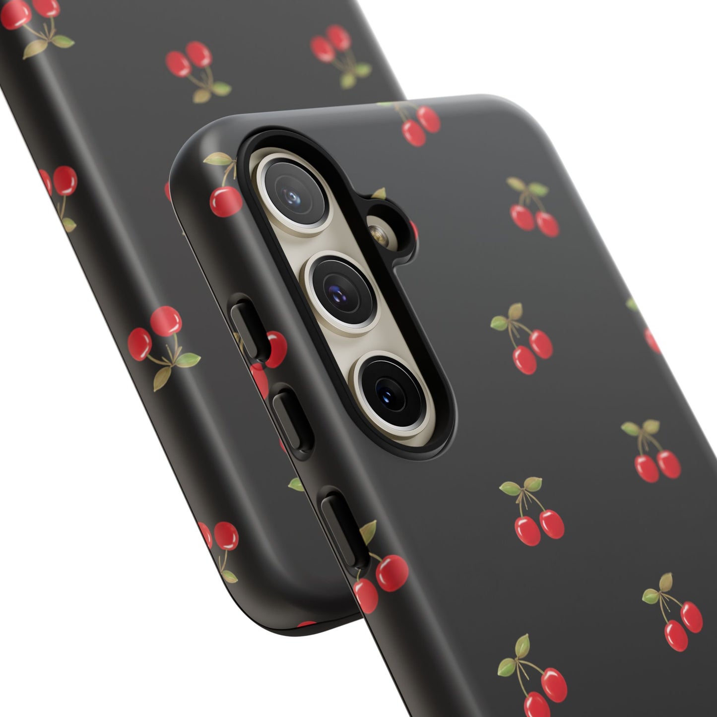 Cherry Pattern Phone Case — Slim Black Protective iPhone Case with Red Cherries for Iphone, Samsung Galaxy and Pixel