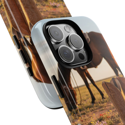 Western Cowboy Boots Phone Case – Rustic Horse Sunset Tough Case (iPhone, Samsung, Pixel)