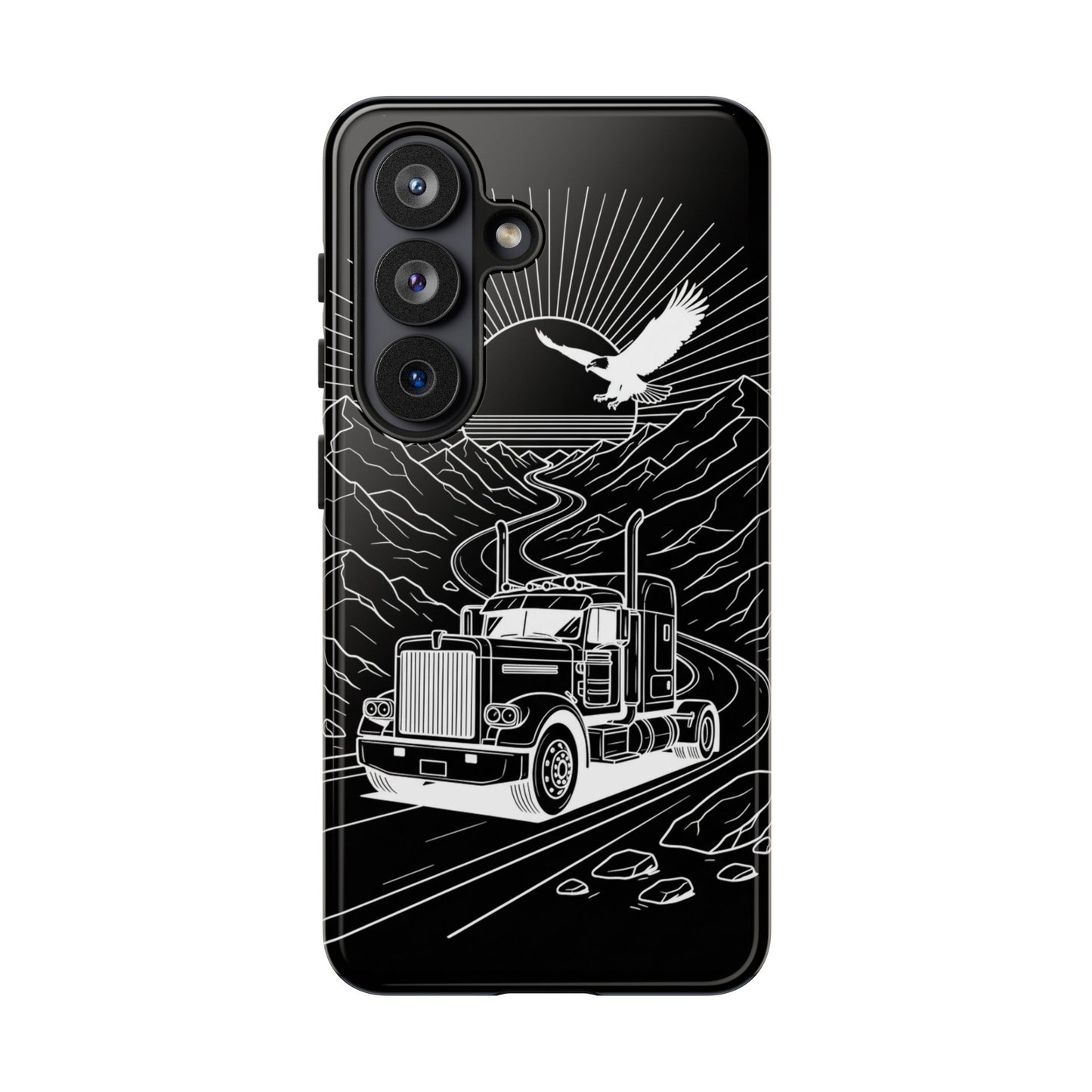 Trucker Highway Phone Case | Eagle & Mountain Line Art | Black Western Tough Case