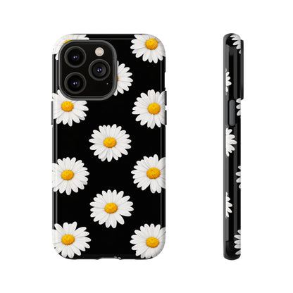 Black Daisy Floral Tough Phone Case – Cute Protective Cover for Iphone, Samsung Galaxy and Pixel
