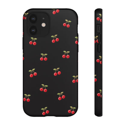 Cherry Pattern Phone Case — Slim Black Protective iPhone Case with Red Cherries for Iphone, Samsung Galaxy and Pixel