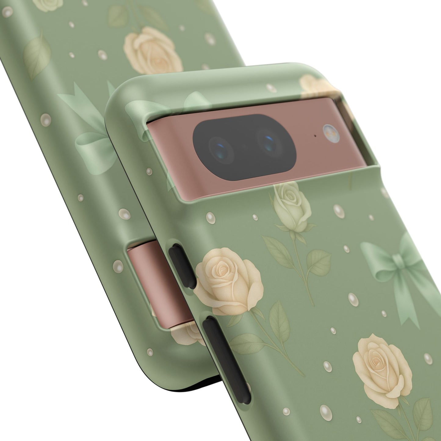 Vintage Rose Bow Phone Case – Sage Green Floral Coquette Aesthetic Tough Case (iPhone, Samsung, Pixel)