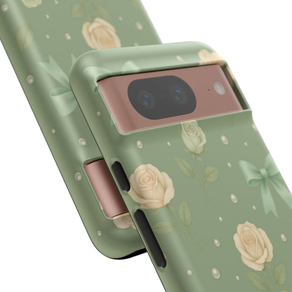 Vintage Rose Bow Phone Case – Sage Green Floral Coquette Aesthetic Tough Case (iPhone, Samsung, Pixel)