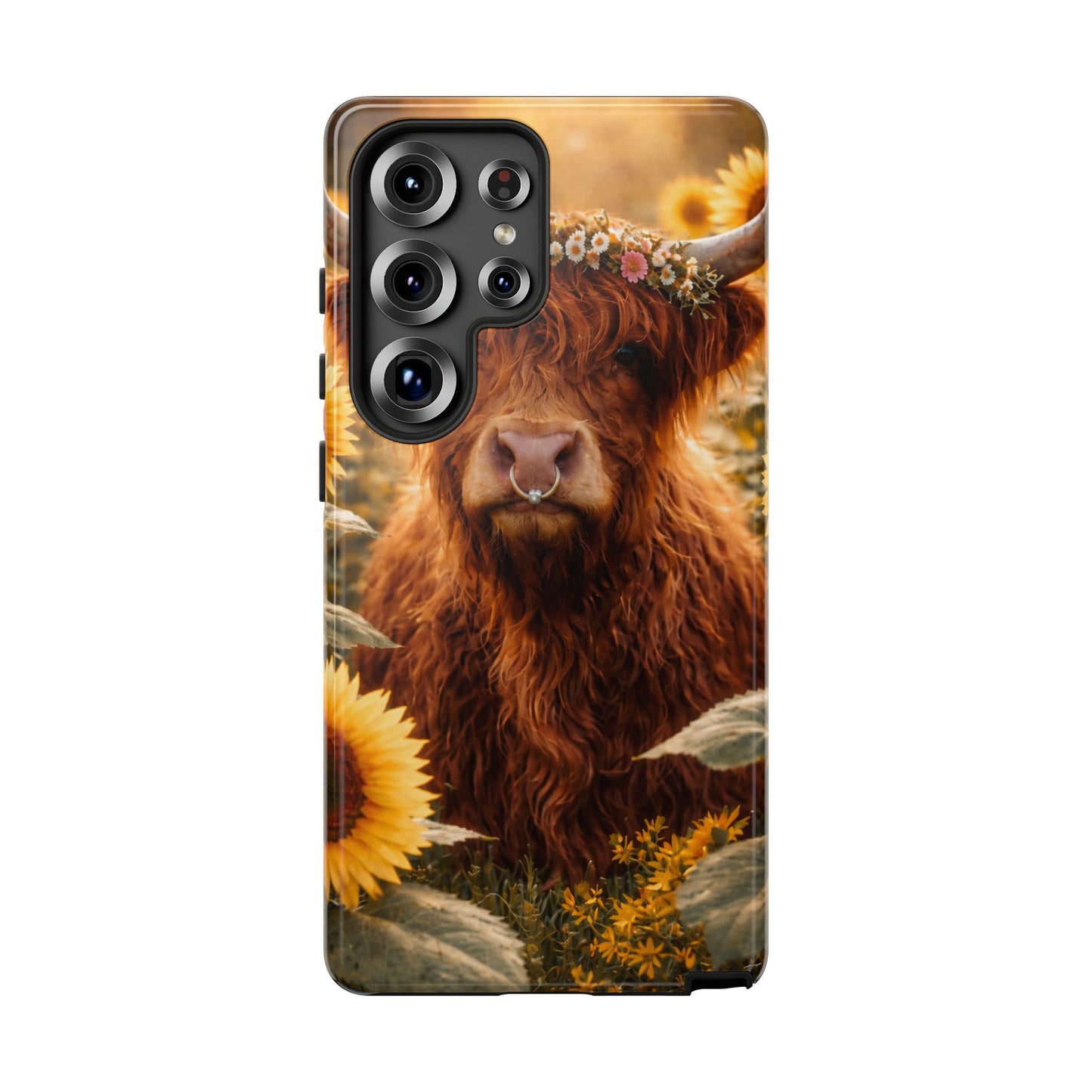 Highland Cow Sunflower Phone Case | Floral Farmhouse iPhone, Samsung Galaxy and Pixel Cover