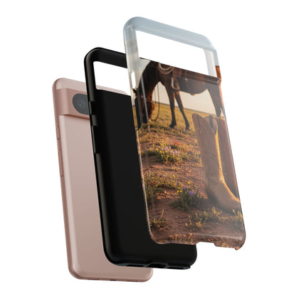 Western Cowboy Boots Phone Case – Rustic Horse Sunset Tough Case (iPhone, Samsung, Pixel)