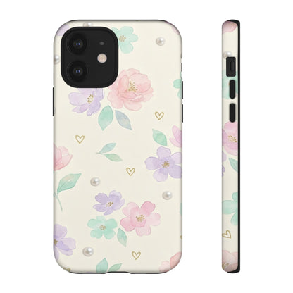 Pastel Floral Phone Case – Coquette Watercolor Flower Hearts Tough Case (iPhone, Samsung, Pixel)