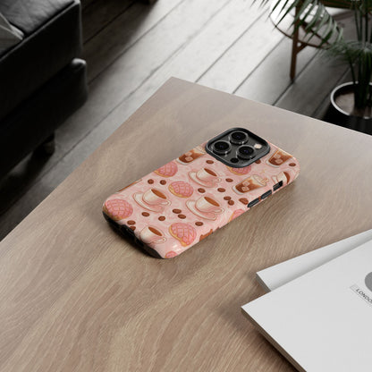 Cute Coffee & Pink Concha Phone Case – Coffee Lover Aesthetic Latte Pattern Tough Case