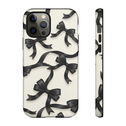 Black Ribbon Bow Phone Case, Minimal Bow Pattern Tough Protective Case
