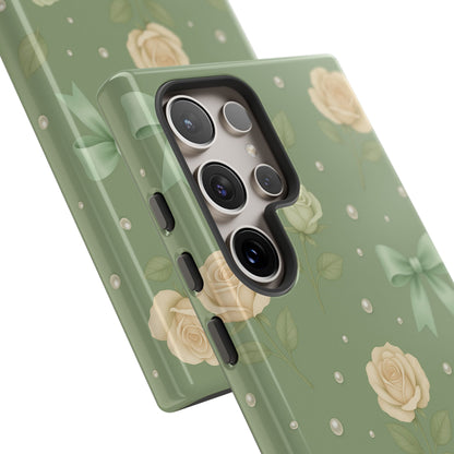 Vintage Rose Bow Phone Case – Sage Green Floral Coquette Aesthetic Tough Case (iPhone, Samsung, Pixel)