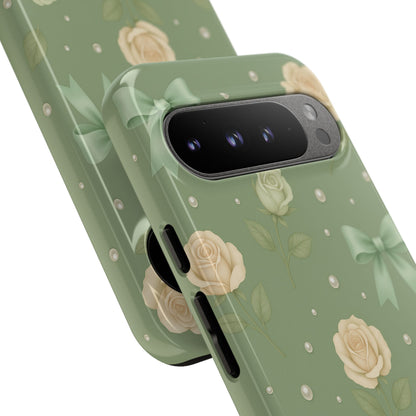 Vintage Rose Bow Phone Case – Sage Green Floral Coquette Aesthetic Tough Case (iPhone, Samsung, Pixel)