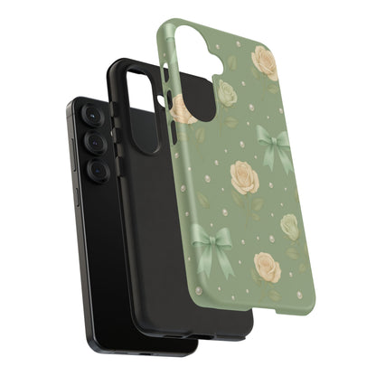 Vintage Rose Bow Phone Case – Sage Green Floral Coquette Aesthetic Tough Case (iPhone, Samsung, Pixel)