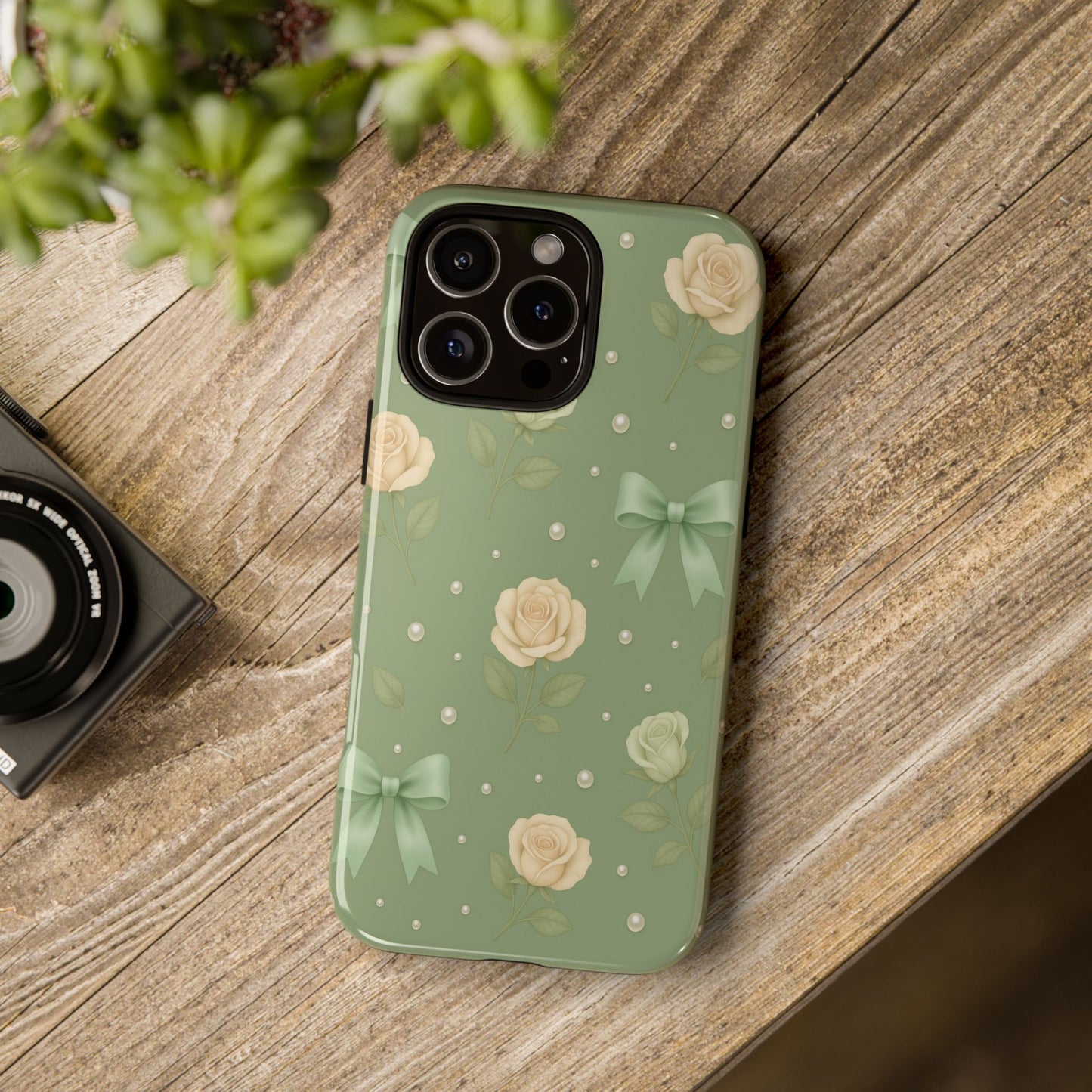 Vintage Rose Bow Phone Case – Sage Green Floral Coquette Aesthetic Tough Case (iPhone, Samsung, Pixel)