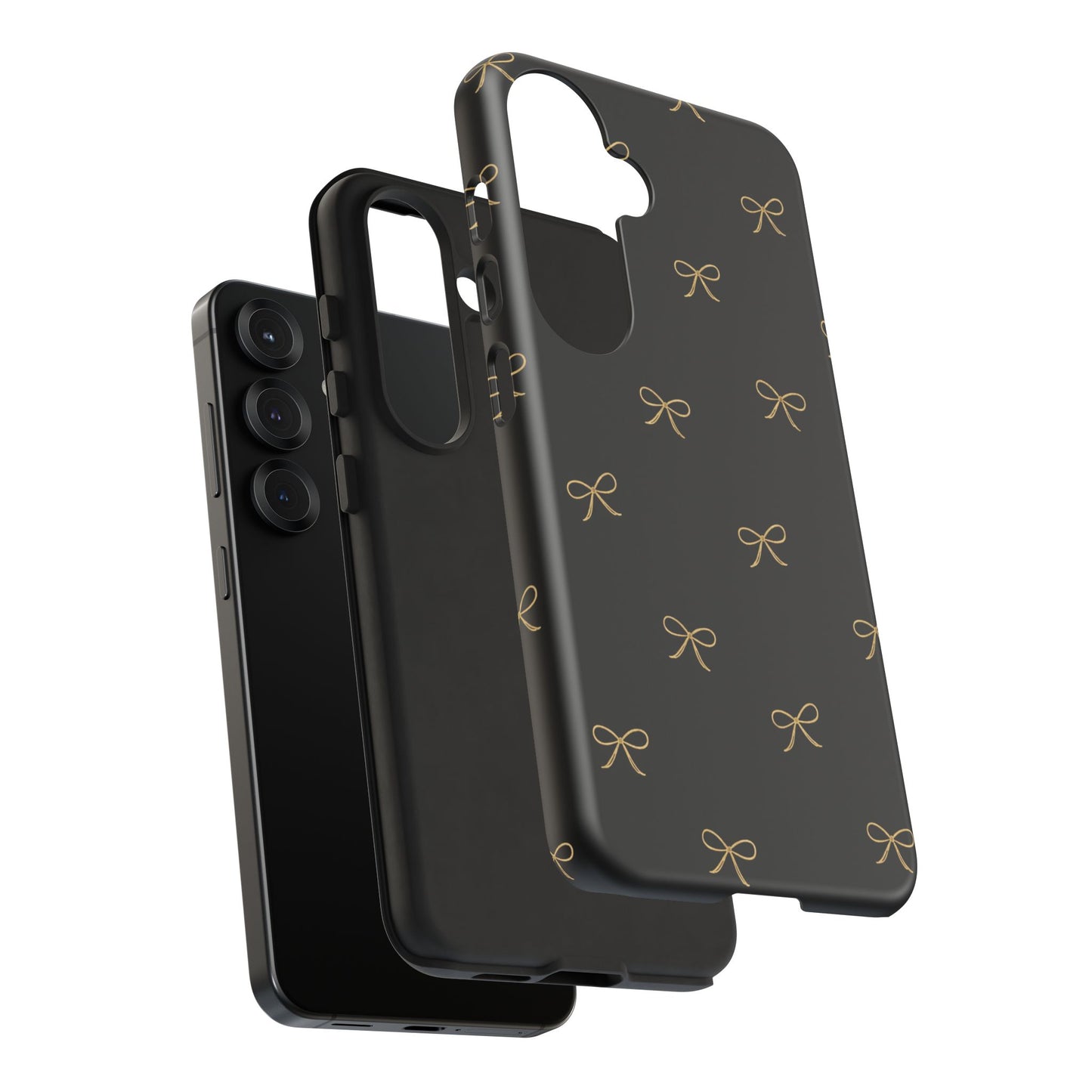Black Phone Case with Gold Bow Pattern – Slim Protective Cute Aesthetic Cover for Iphone, Samsung Galaxy and Pixel