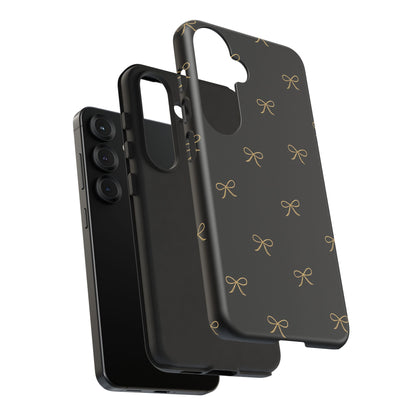 Black Phone Case with Gold Bow Pattern – Slim Protective Cute Aesthetic Cover for Iphone, Samsung Galaxy and Pixel