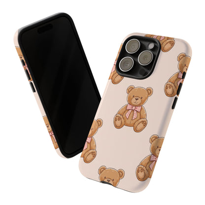 Teddy Bear Phone Case | Cute Coquette Aesthetic Pink Bear Pattern Case | Kawaii Soft Girl iPhone & Samsung Tough Protective Case