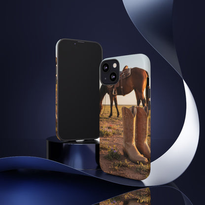 Western Cowboy Boots Phone Case – Rustic Horse Sunset Tough Case (iPhone, Samsung, Pixel)