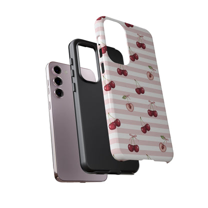 Pink Cherry Stripe Phone Case | Cute Coquette Aesthetic Protective Tough Case