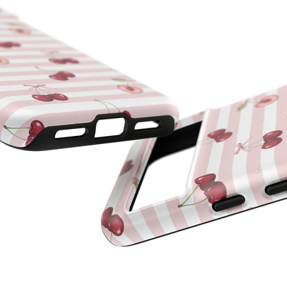 Pink Cherry Stripe Phone Case | Cute Coquette Aesthetic Protective Tough Case