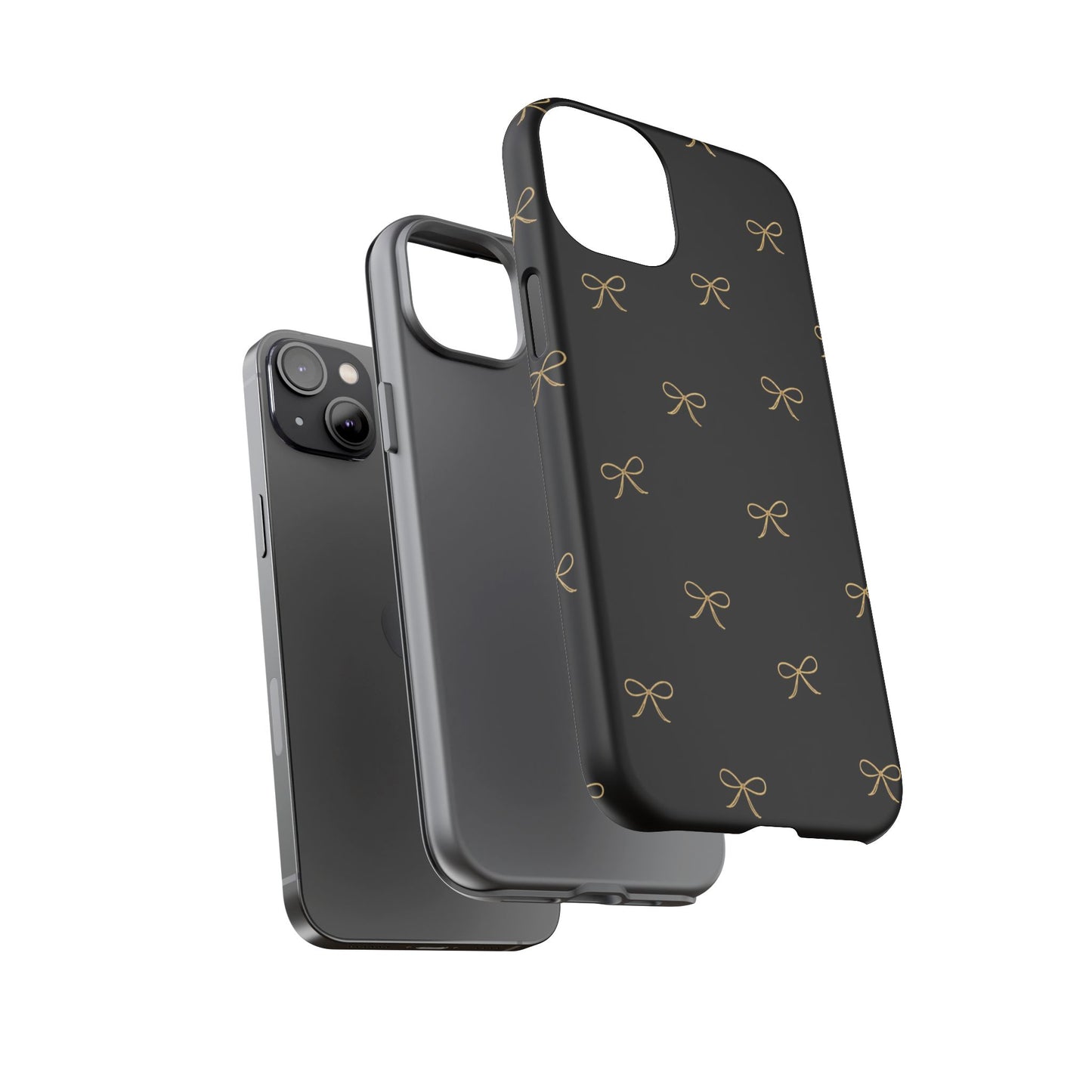 Black Phone Case with Gold Bow Pattern – Slim Protective Cute Aesthetic Cover for Iphone, Samsung Galaxy and Pixel