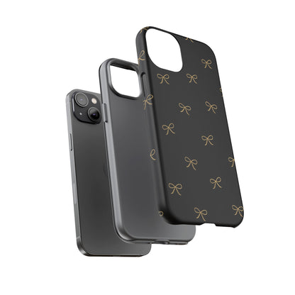 Black Phone Case with Gold Bow Pattern – Slim Protective Cute Aesthetic Cover for Iphone, Samsung Galaxy and Pixel