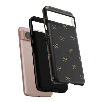 Black Phone Case with Gold Bow Pattern – Slim Protective Cute Aesthetic Cover for Iphone, Samsung Galaxy and Pixel