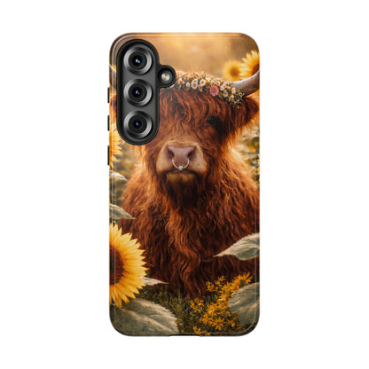 Highland Cow Sunflower Phone Case | Floral Farmhouse iPhone, Samsung Galaxy and Pixel Cover