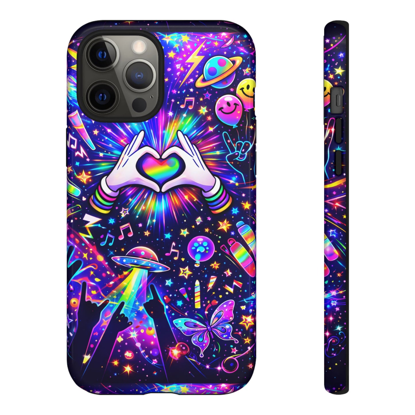 Rainbow Heart Hands Phone Case – Neon Galaxy EDM Festival Tough Cover
